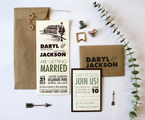 The Modernist This suite features a modern, type-heavy design, with our line of 20 existing landmark illustrations to choose from. Getting married somewhere not on our list? We can make one just for you! Suite shown in two color letterpress, with digital enclosure cards and RSVP envelope. Also available in all letterpress, or printed digitally as part of our Standard Suite.
