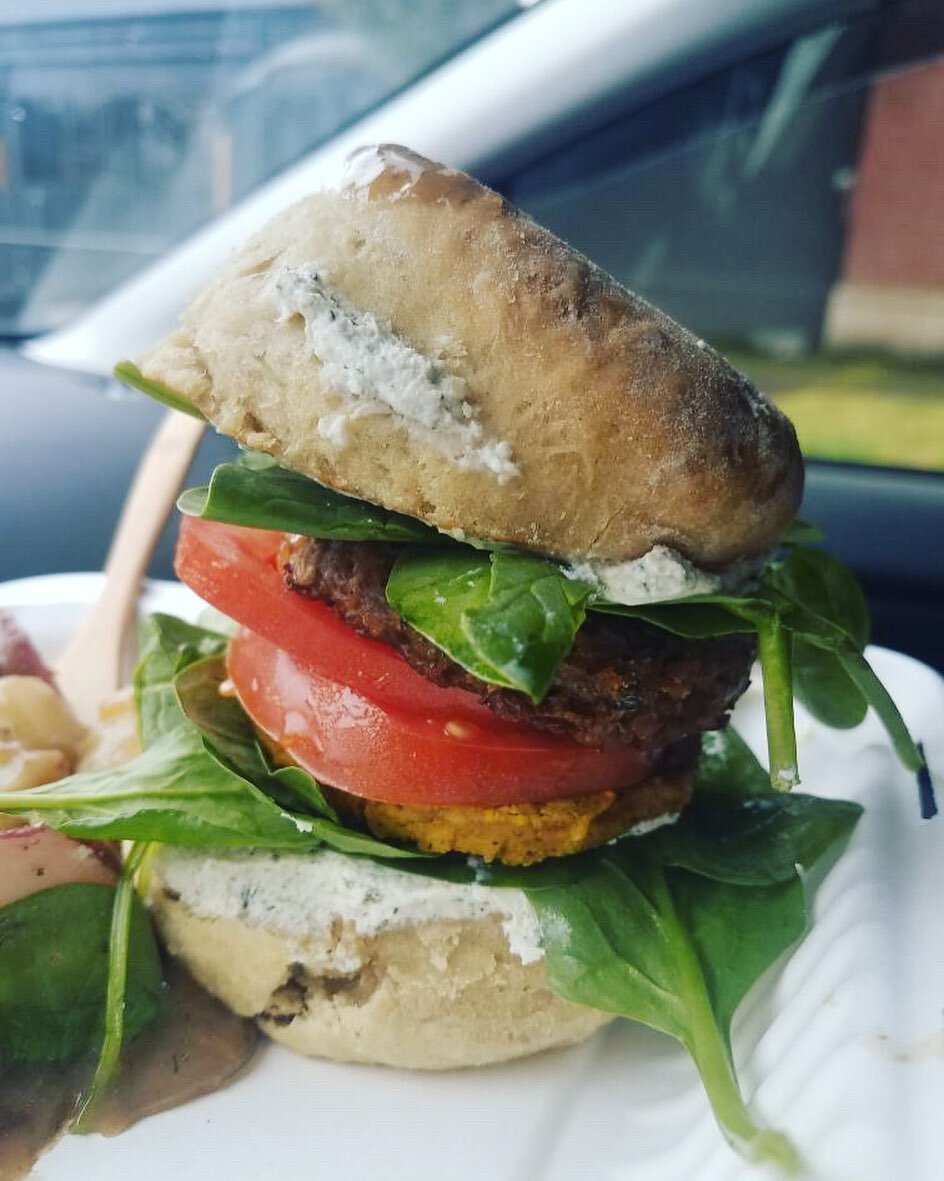 Happy Morning Sandwich 
🍽 
House made biscuit, house made soysage patty, house made tofu patty, house made vegan sour cream, spinach &amp; tomato.
📷 @vegantheythem