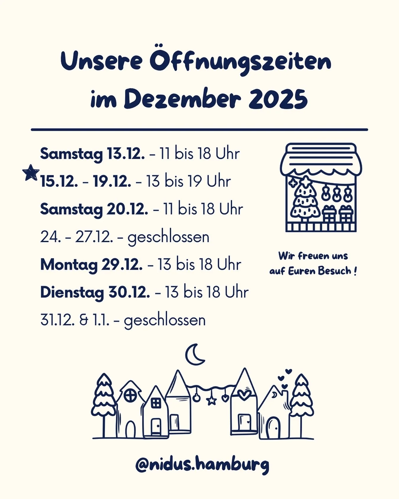 Unsere &Ouml;ffnungszeiten im Dezember ✨🎄
Die sch&ouml;nste Bastelzeit des Jahres hat begonnen! Kommt vorbei und gestaltet euren handgemachten Schmuck direkt bei uns vor Ort &ndash; oder findet ein liebevoll ausgew&auml;hltes Schmuckst&uuml;ck aus u