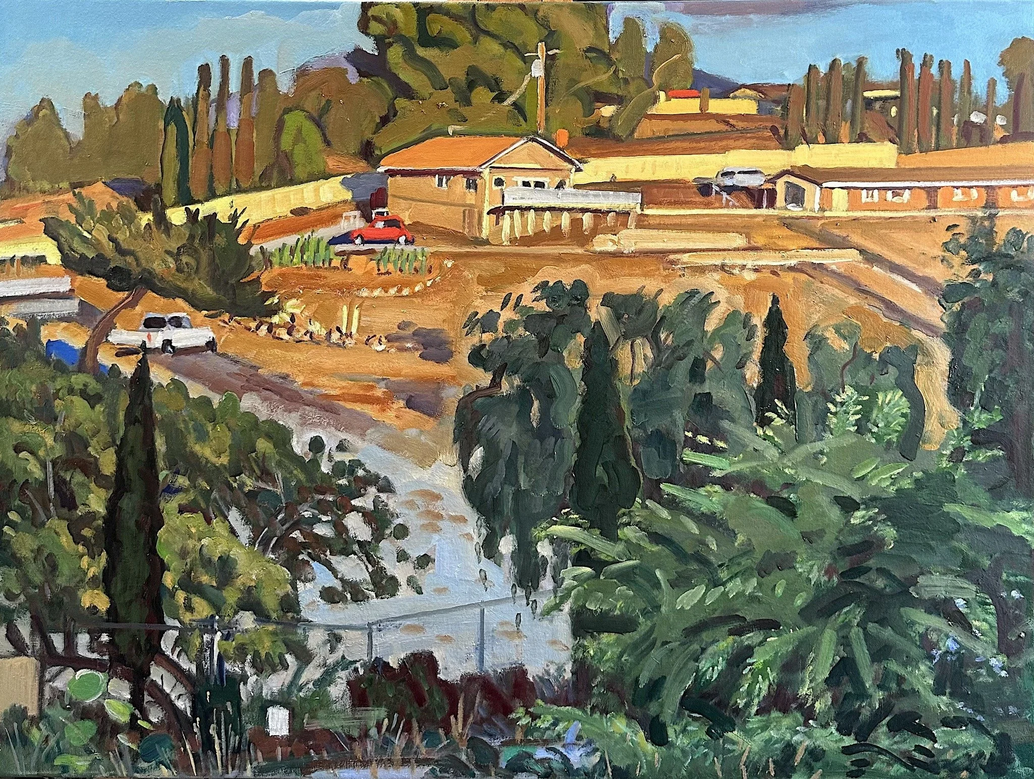 Green Trees and Orange Hill 30 by 40” 2025