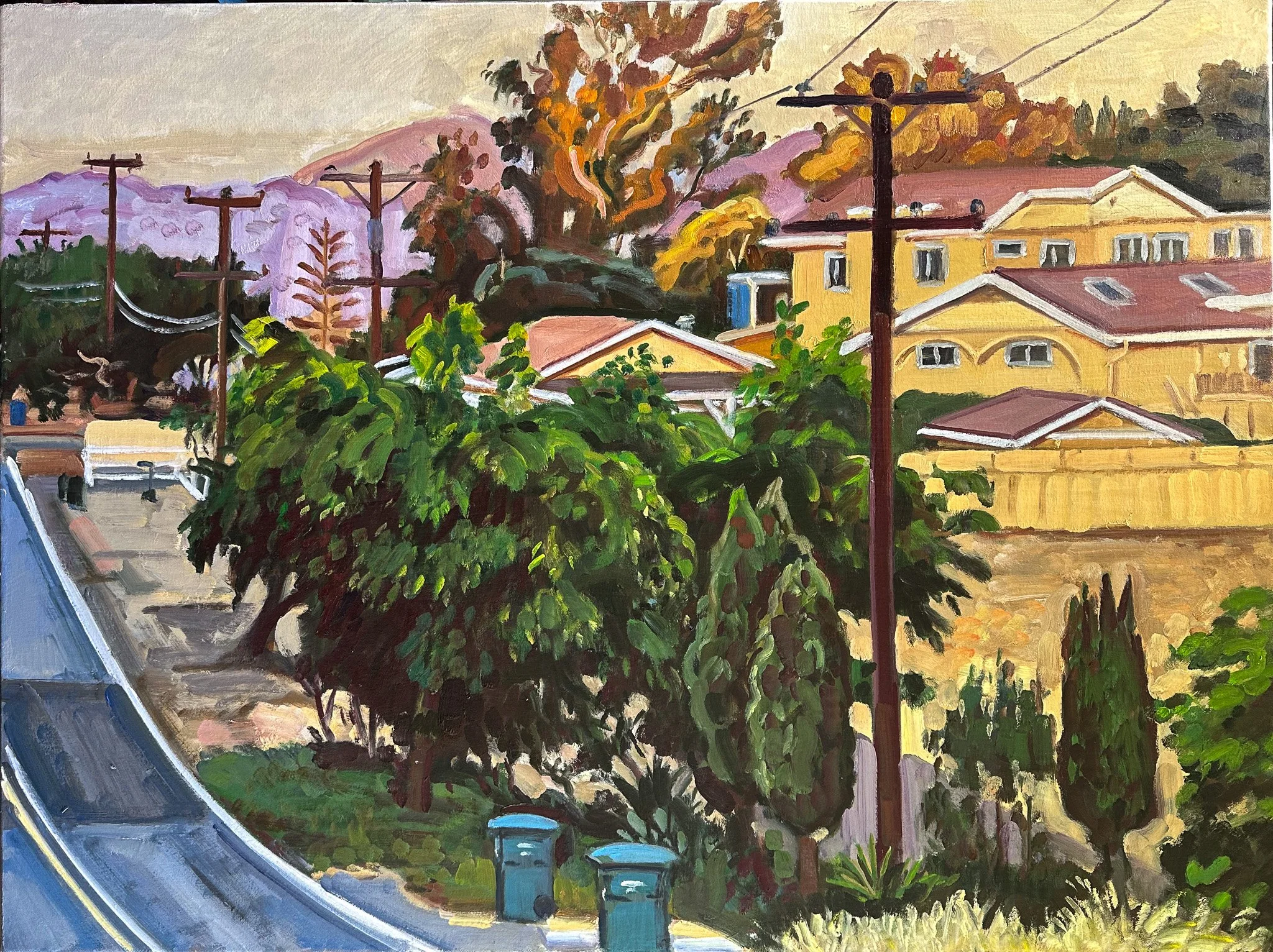 Green Trees and Yellow Houses on Austin Drive 32 by 38”. 2025