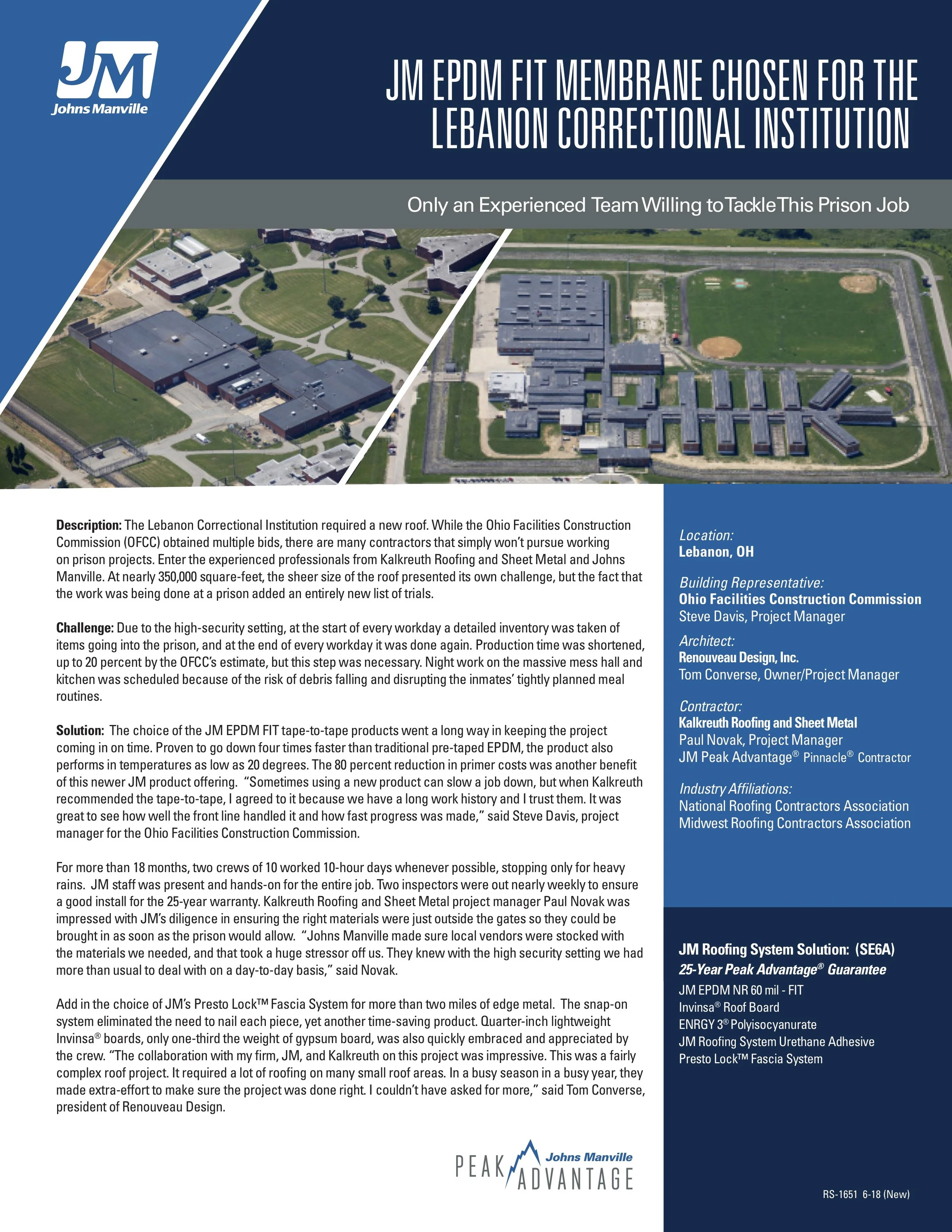 JM EPDM FIT Membrane Chosen for the Lebanon Correctional Institution