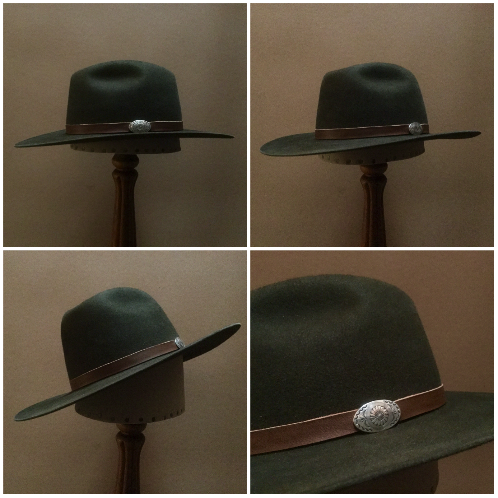 Material: 100% Rabbit Color: Forest Green Open Block: Pledge Brim Set/ Width: Naturalist/ 3 1/4 inches Trim: Leather with Sterling Silver Concha