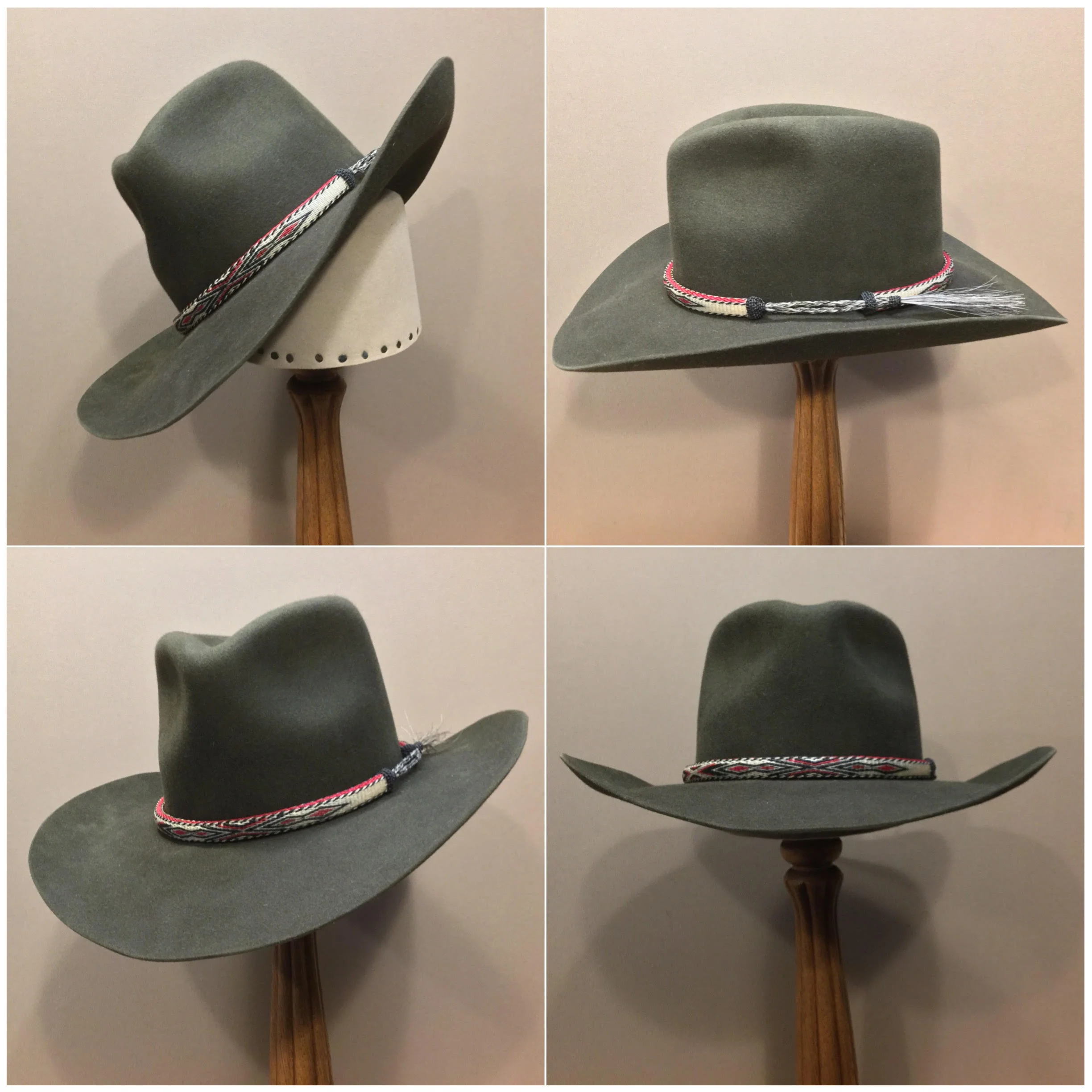 Material: 100% Beaver Color: Dark Moss Open Block: #44 Brim Set/ Width: Vogue/ 3 3/4 inches Trim: Hitched Horsehair