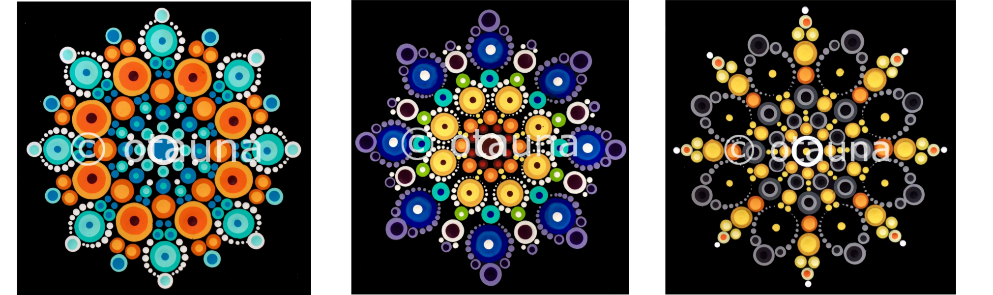 Left to right: Orange & Turquoise Mandala, Rainbow Mandala, and Balance Mandala
