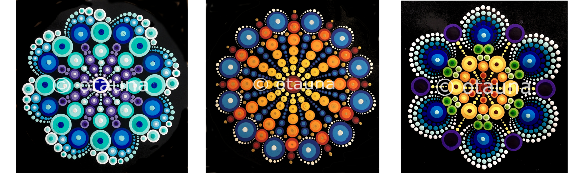 Left to right: CALM Mandala, Sunbeam Mandala, and the 6 Point Rainbow Mandala