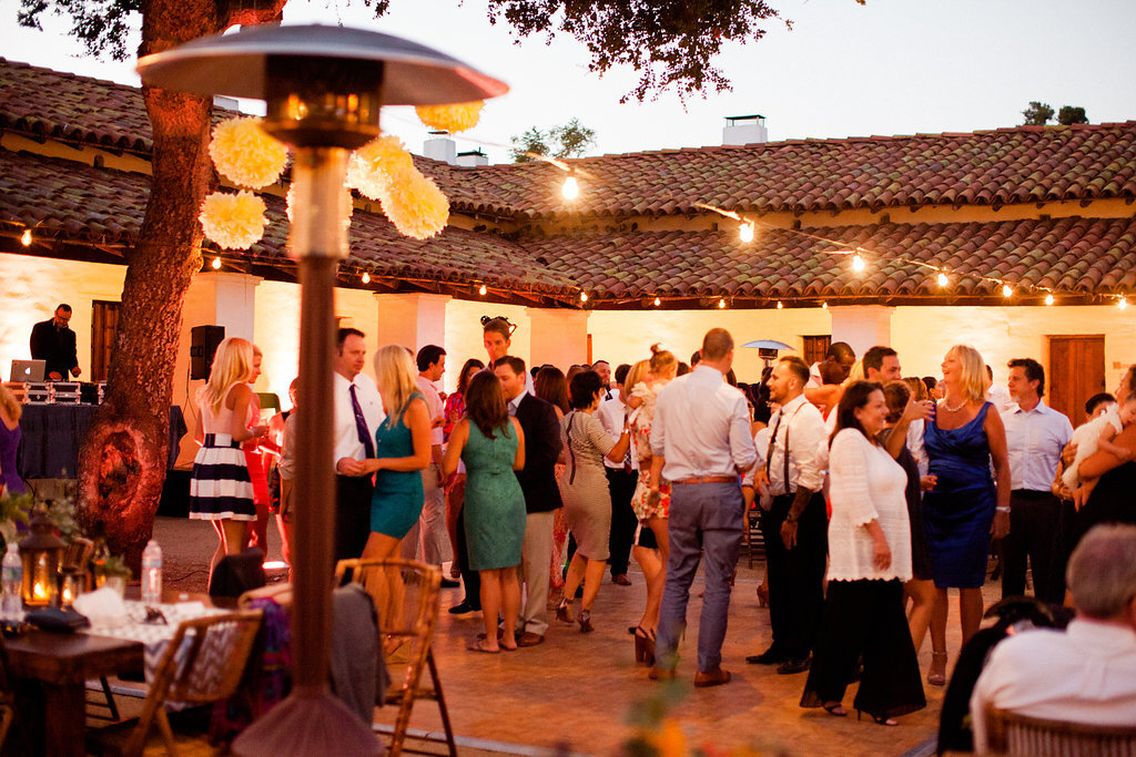 Felici Events | Santa Barbara Wedding | Casa De la Guerra | Grey and Yellow | Table Decor Ideas | Floral | Wedding Decor Trends | Overhead Installation Lighting