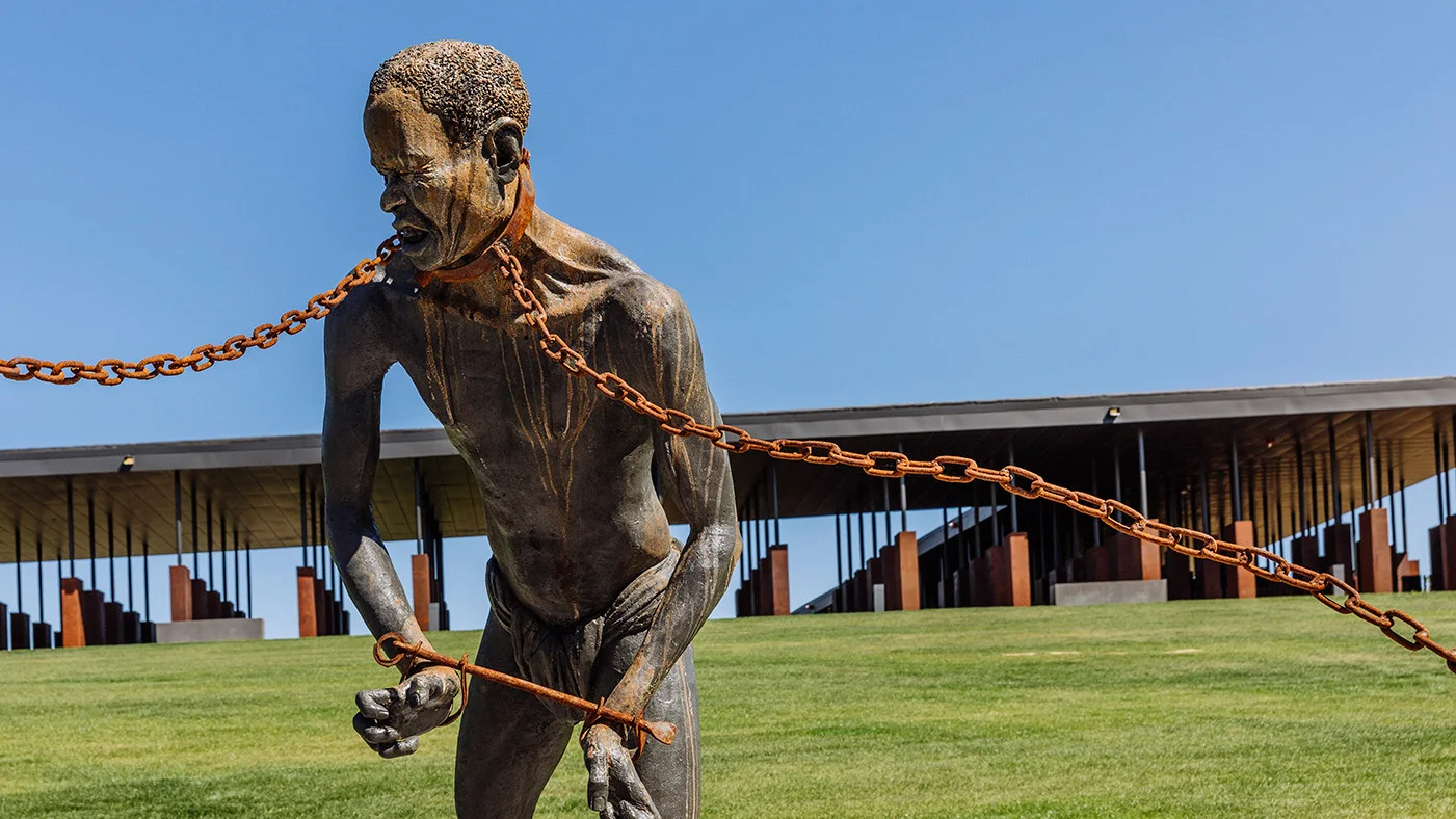 Part of a sculpture by Kwame Akoto-Bamfo on the grounds of the new National Memorial for Peace and Justice in Montgomery, Alabama.