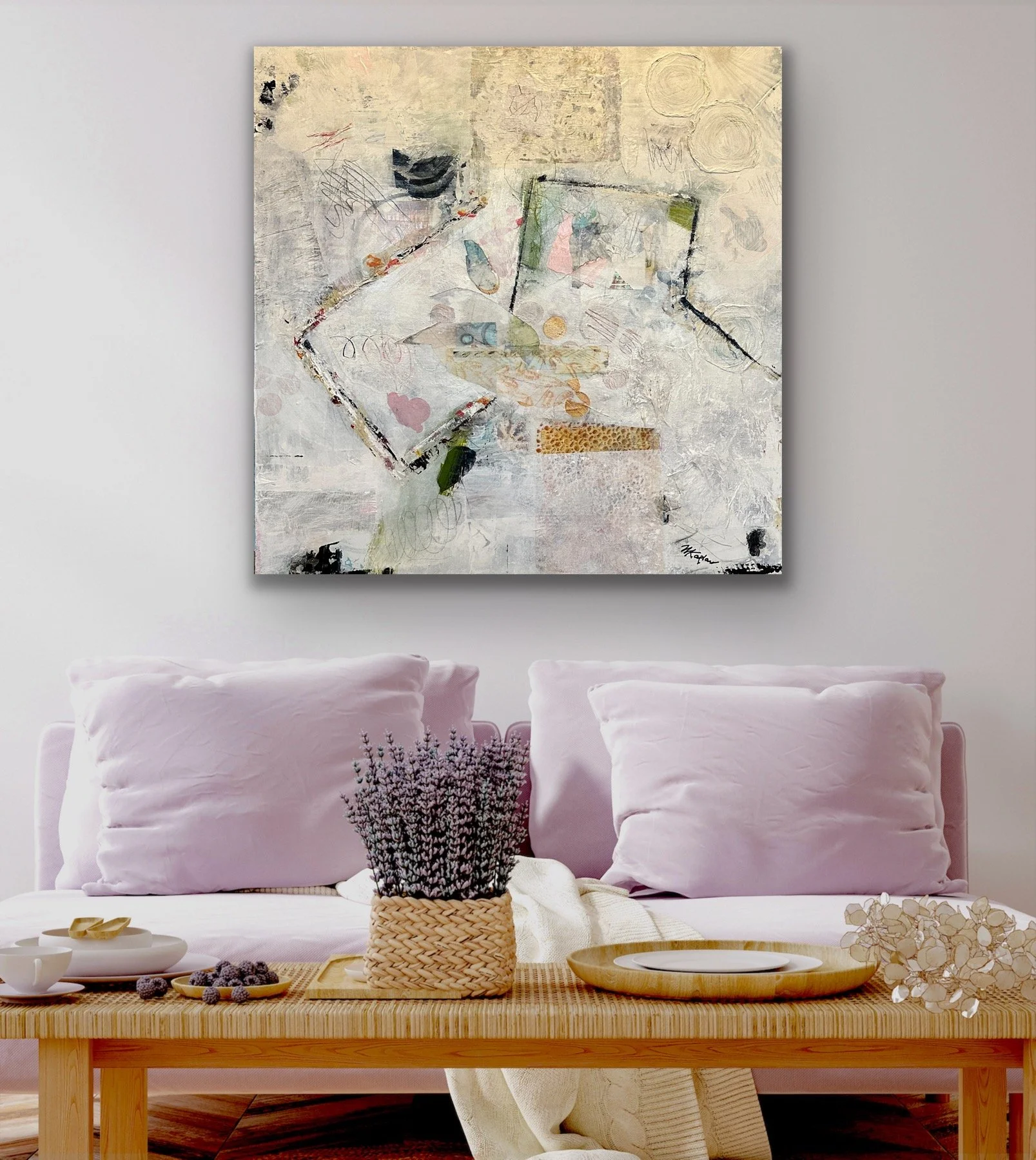 "Future Memories Unfolding", 36x36, Acrylic, collage and mixed media . . . $1,200