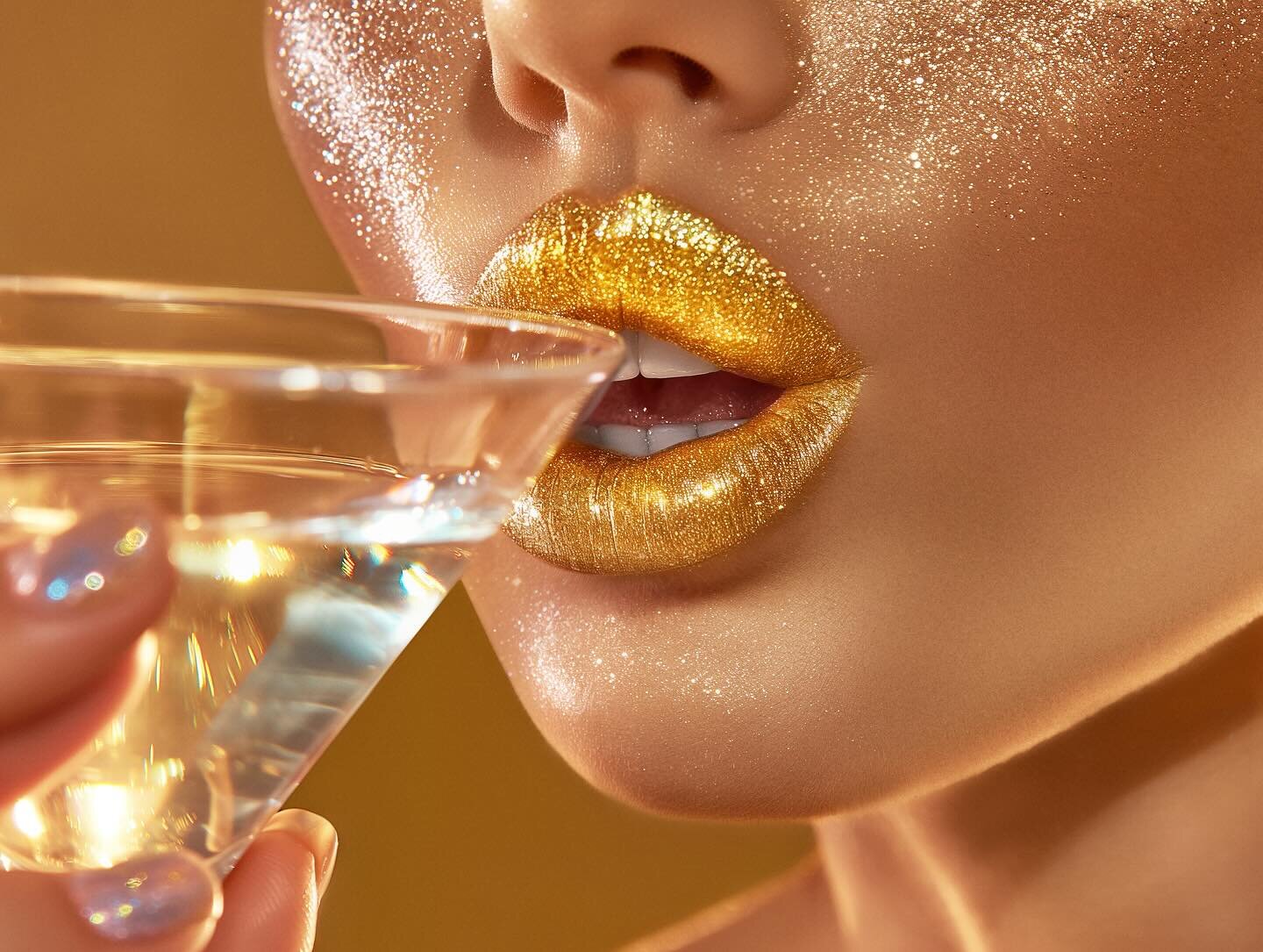 Living life on the gilded side. This look is pure shimmering indulgence, from glitter-kissed lips to the glistening cocktail ✨ #sparkle #glittermakeup #glamlife #cocktails #glitterglam