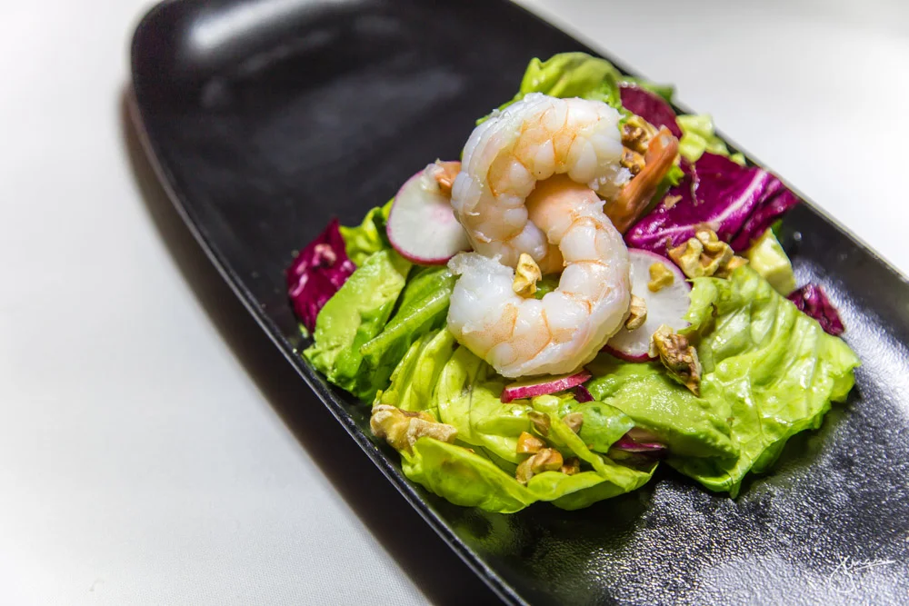 Winter Salad - poached prawns, butter lettuce, radicchio, avocado, walnut, basil emulsion