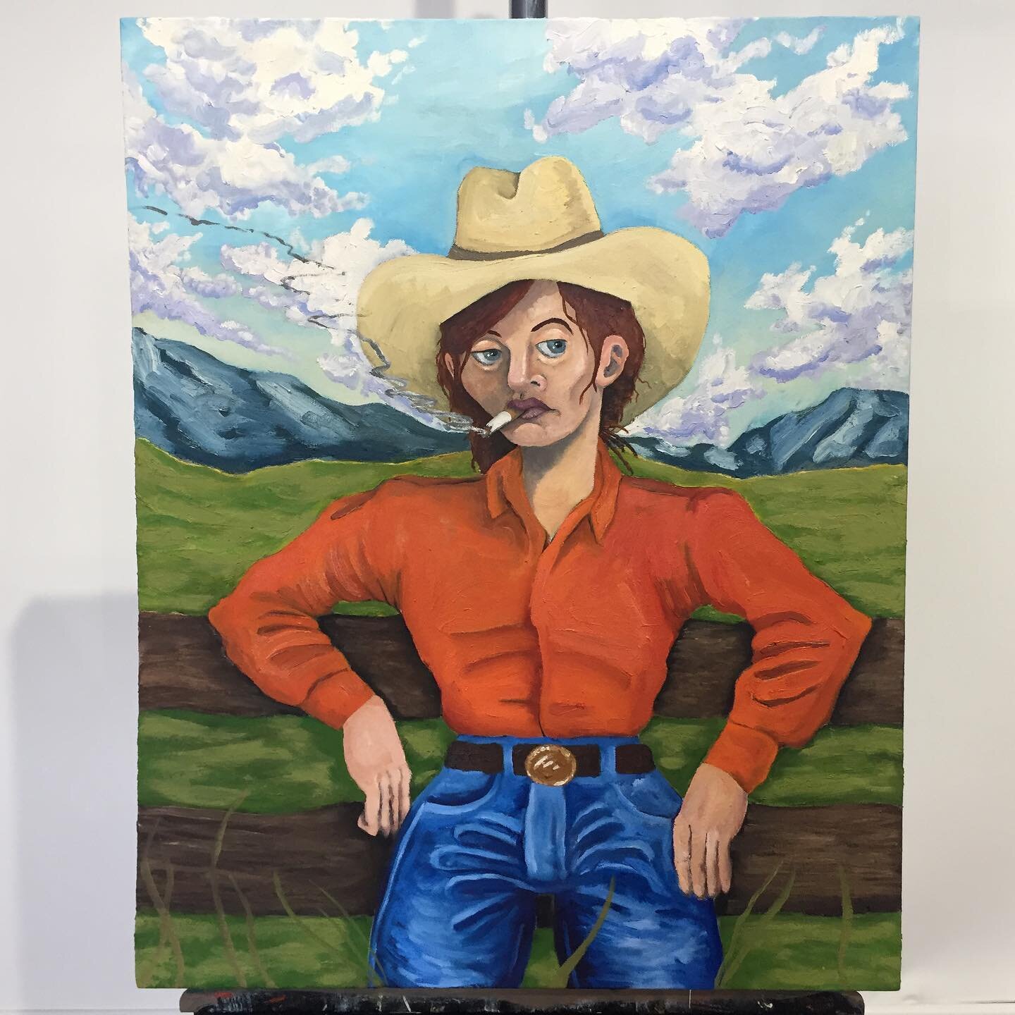 It&rsquo;s been a while, so here is a new painting! 🤠

Cowgal Watches Life Drift By.
2022
30 x 24in, oil on canvas.

#oilpainting #contemporarypainting #contemporaryoilpainting #contemporaryart #cowgirl #landscape #clouds #yeehaw #lowbrowart