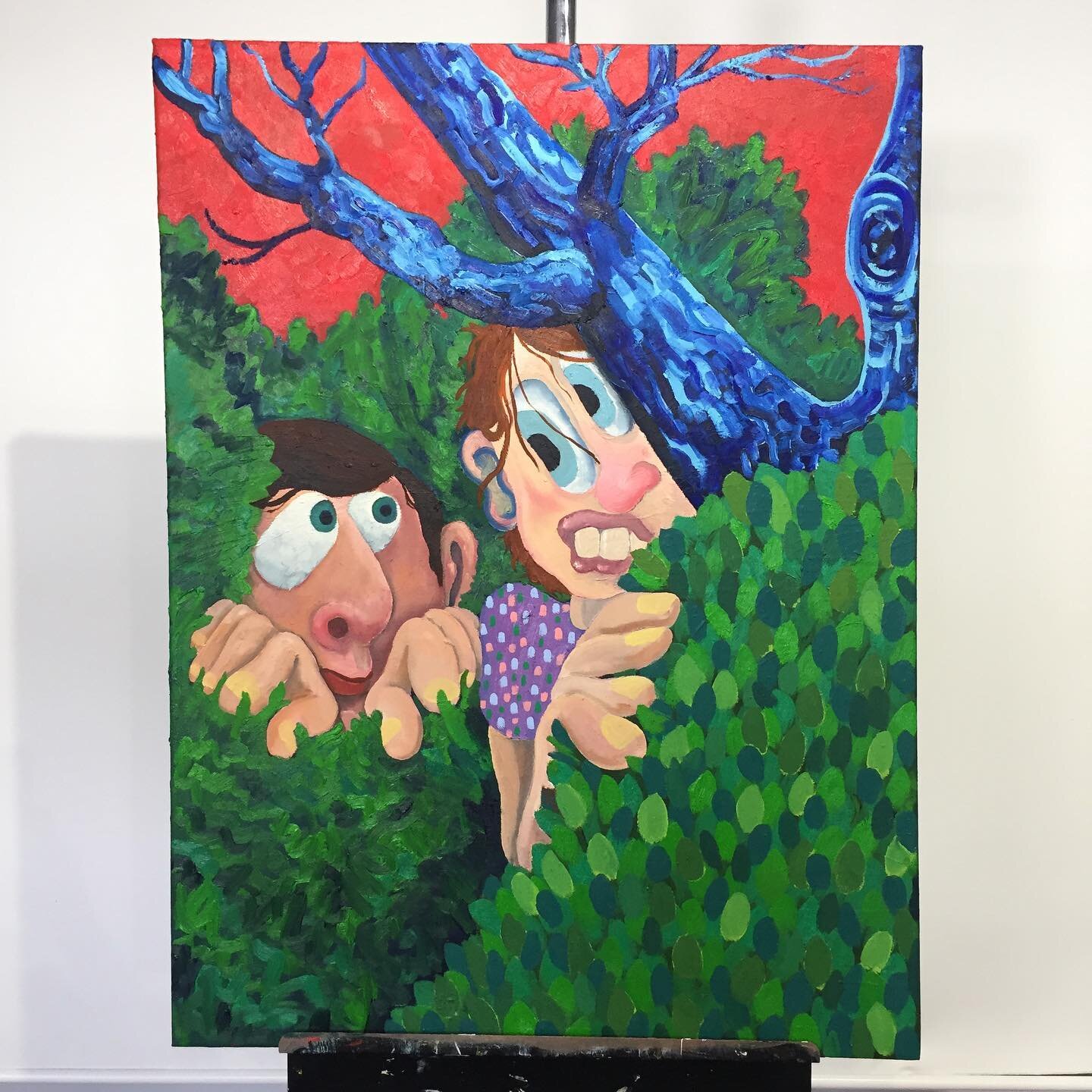 Just a couple of peeping toms 👀

This was an old painting I started before going to grad school. The scene and figures were different but much the same. I still don&rsquo;t like this painting but oh well, enjoy 🤷&zwj;♂️

Peeping Toms
Oil on canvas
