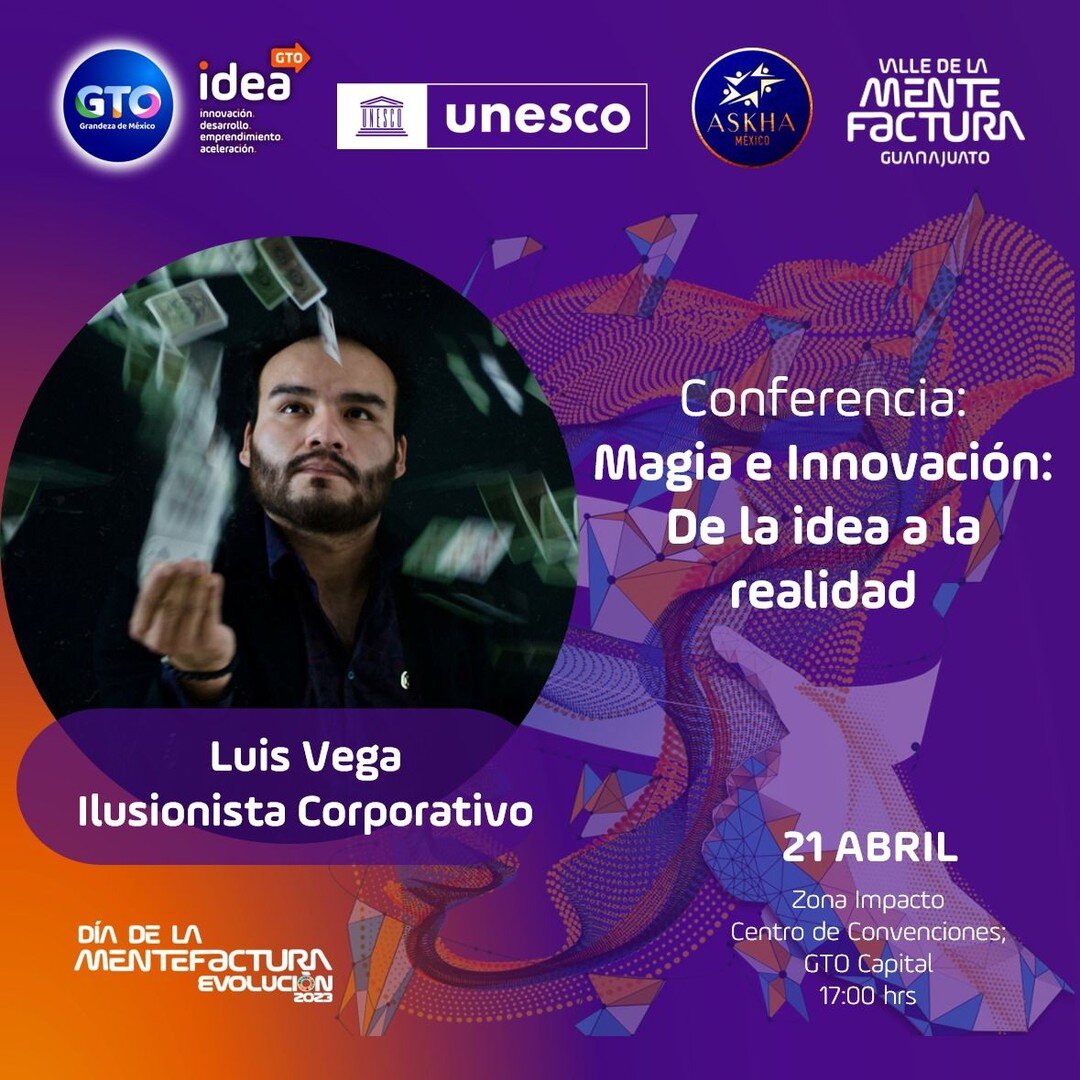 Una muestra de magia, ilusionismo y mucha creatividad estar&aacute;n presentes en el D&iacute;a de la Mentefactura 🎩✨

Luis Vega, el ilusionista corporativo nos ense&ntilde;ar&aacute;, la Magia e innovaci&oacute;n: de la Idea a la Realidad

🎟️ Obte