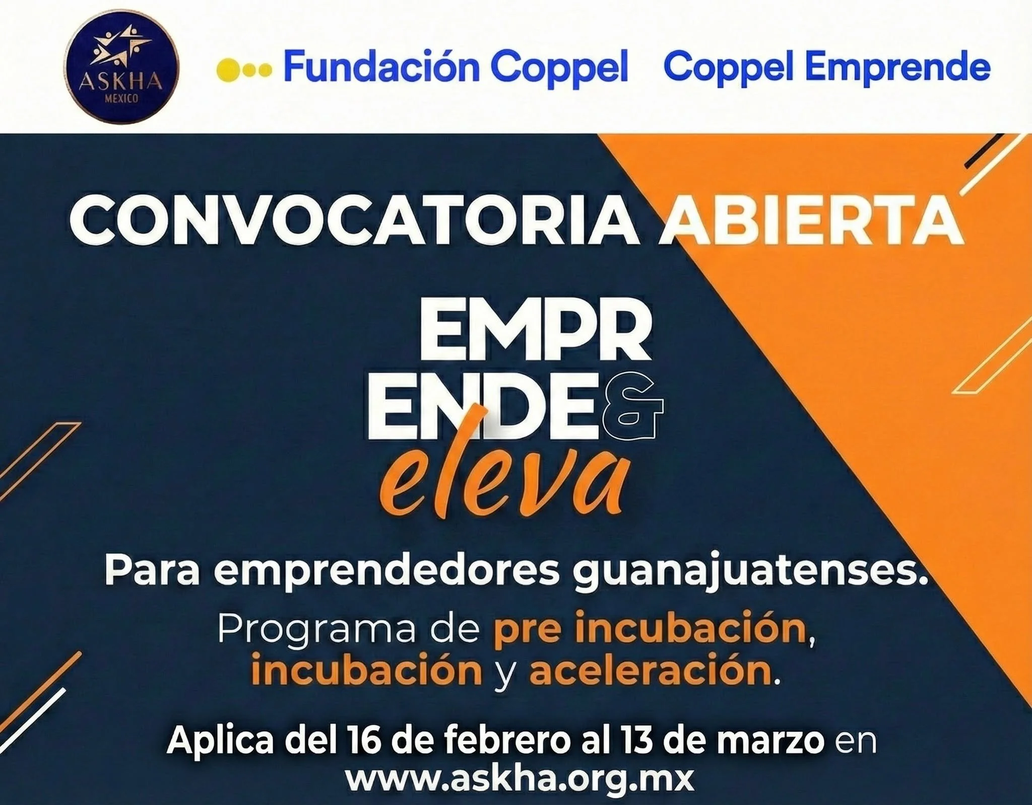 📢 &iexcl;𝗖𝗢𝗡𝗩𝗢𝗖𝗔𝗧𝗢𝗥𝗜𝗔 𝗔𝗕𝗜𝗘𝗥𝗧𝗔!

En alianza con @fundacioncoppel, abrimos oficialmente el registro para 𝗘𝗺𝗽𝗿𝗲𝗻𝗱𝗲 &amp; 𝗘𝗹𝗲𝘃𝗮 𝟮𝟬𝟮𝟲, nuestro programa de 𝗽𝗿𝗲-𝗶𝗻𝗰𝘂𝗯𝗮𝗰𝗶𝗼́𝗻, 𝗶𝗻𝗰𝘂𝗯𝗮𝗰𝗶𝗼́𝗻 𝘆 𝗮𝗰𝗲𝗹
