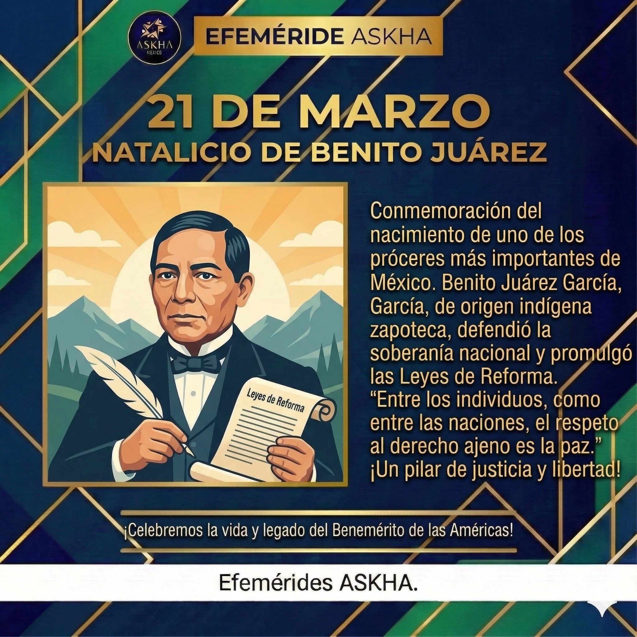 Hoy conmemoramos el natalicio de Benito Ju&aacute;rez 🇲🇽, una figura clave en la historia de M&eacute;xico y un firme defensor de la legalidad, la educaci&oacute;n 📚 y la igualdad ante la ley ⚖️.
Su legado nos inspira a seguir construyendo una soc