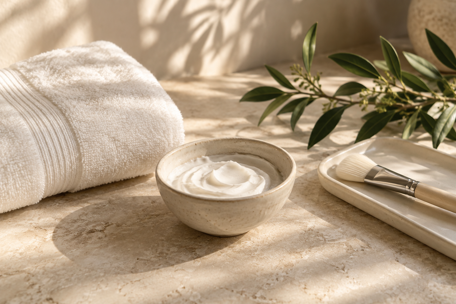Ivory spa towel, facial mask bowl, and brush with soft green botanical accents.