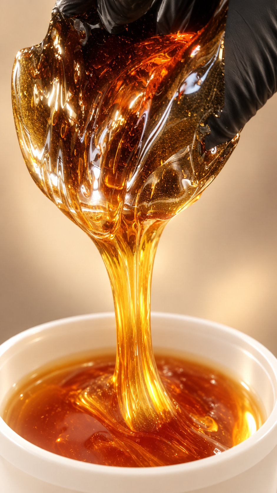 Amber sugaring paste stretched by a black-gloved hand above a cream bowl at Body Sugar Boutique