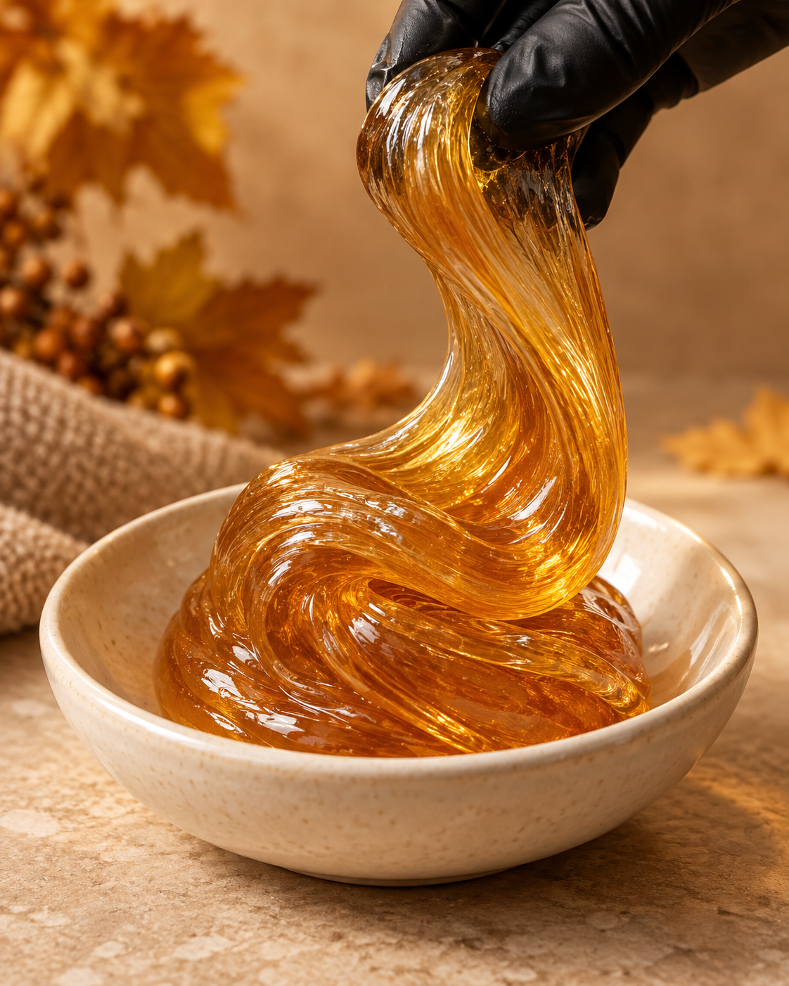 Golden amber sugaring paste folded into a cream ceramic bowl with warm autumn tones