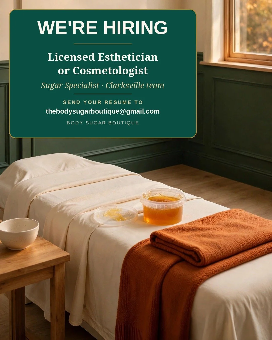 Fall treatment room with an open tub of sugar on the table — Body Sugar Boutique is hiring a Sugar Specialist in Clarksville
