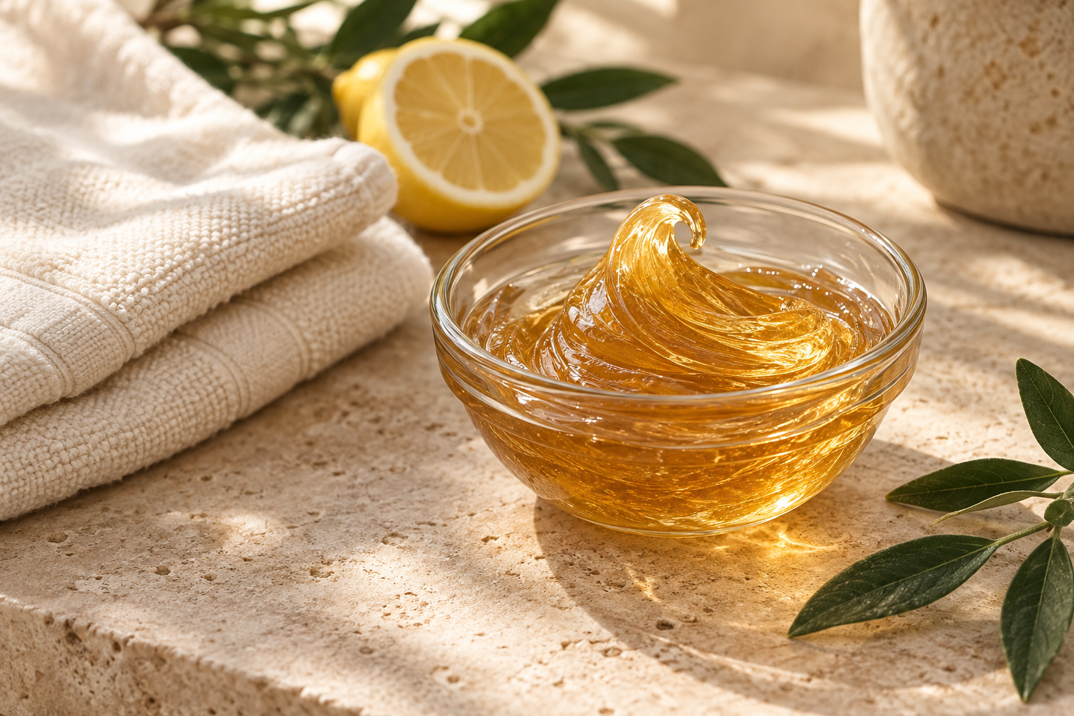 Amber sugaring paste with lemon, ivory towels, and green foliage.