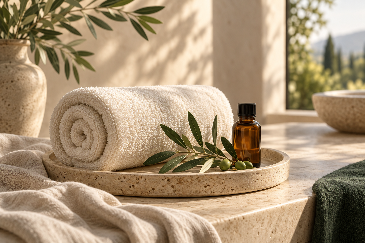 Rolled ivory spa towel, amber bottle, and olive branch on a warm stone tray.
