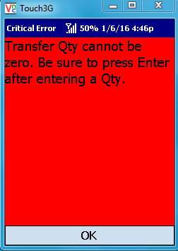 VE Mobile for Infor VISUAL ERP - Location Transfer - Warning Screen