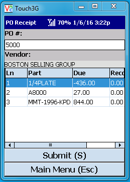 VE Mobile for Infor VISUAL ERP - Barcode and Mobile - PO Receipts - Purchase Order Details Screen
