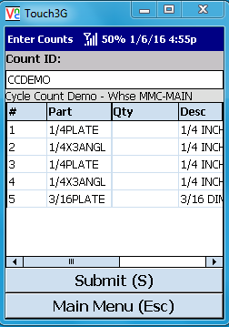 VE Mobile, mobile barcode scanning for Infor VISUAL ERP - Physical Inventory - Count IDs are Displayed