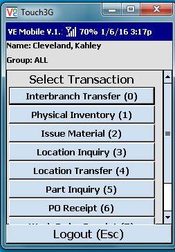 VE Mobile - Issue Materials for Infor VISUAL ERP with barcodes and mobile hardware - Select Issue Materials from the main menu
