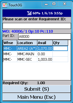 VE Mobile - Issue Materials for Infor VISUAL ERP with barcodes and mobile hardware - Select the location