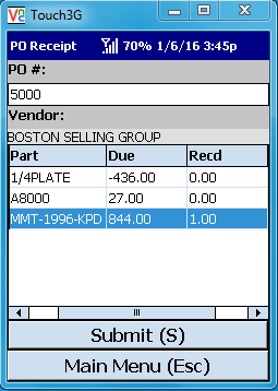 VE Mobile, mobile barcode scanning for Infor VISUAL ERP - Part Traceability - Review the PO Receipt and Submit