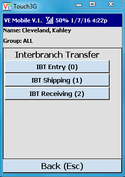 VE Mobile - Interbranch Transfers for Infor VISUAL ERP with barcodes and mobile hardware - Select the IBT entry type
