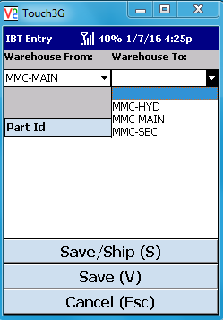 VE Mobile - Interbranch Transfers for Infor VISUAL ERP with barcodes and mobile hardware - Select the warehouses to ship from and to