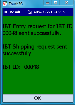VE Mobile - Interbranch Transfers for Infor VISUAL ERP with barcodes and mobile hardware - Confirmation Screen