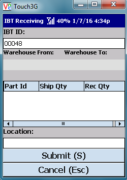 VE Mobile - Interbranch Transfers for Infor VISUAL ERP with barcodes and mobile hardware - Entering the IBT Transfer ID to receive the shipment