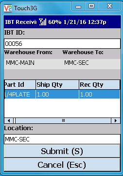 VE Mobile - Interbranch Transfers for Infor VISUAL ERP with barcodes and mobile hardware - Enter the location for the transfer