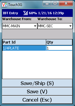 VE Mobile - Interbranch Transfers for Infor VISUAL ERP with barcodes and mobile hardware - Second screen to stage shipment involves selecting the warehouse, part and quantity