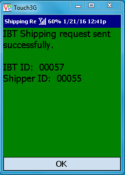 VE Mobile - Interbranch Transfers for Infor VISUAL ERP with barcodes and mobile hardware - IBT Shipment Confirmation Screen in Green