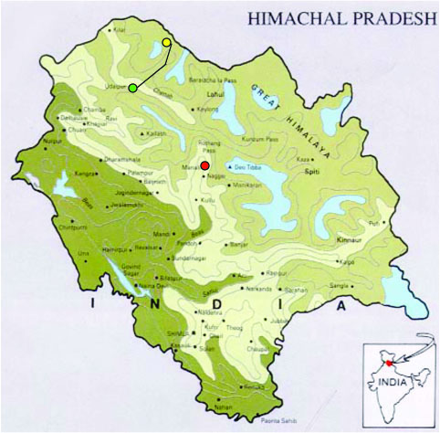 The Himachal Pradesh State showing the locations of - Manali (red dot); Udaipur (green dot); with the route taken on to the Miyar Valley (yellow dot). (Click on map for larger image)