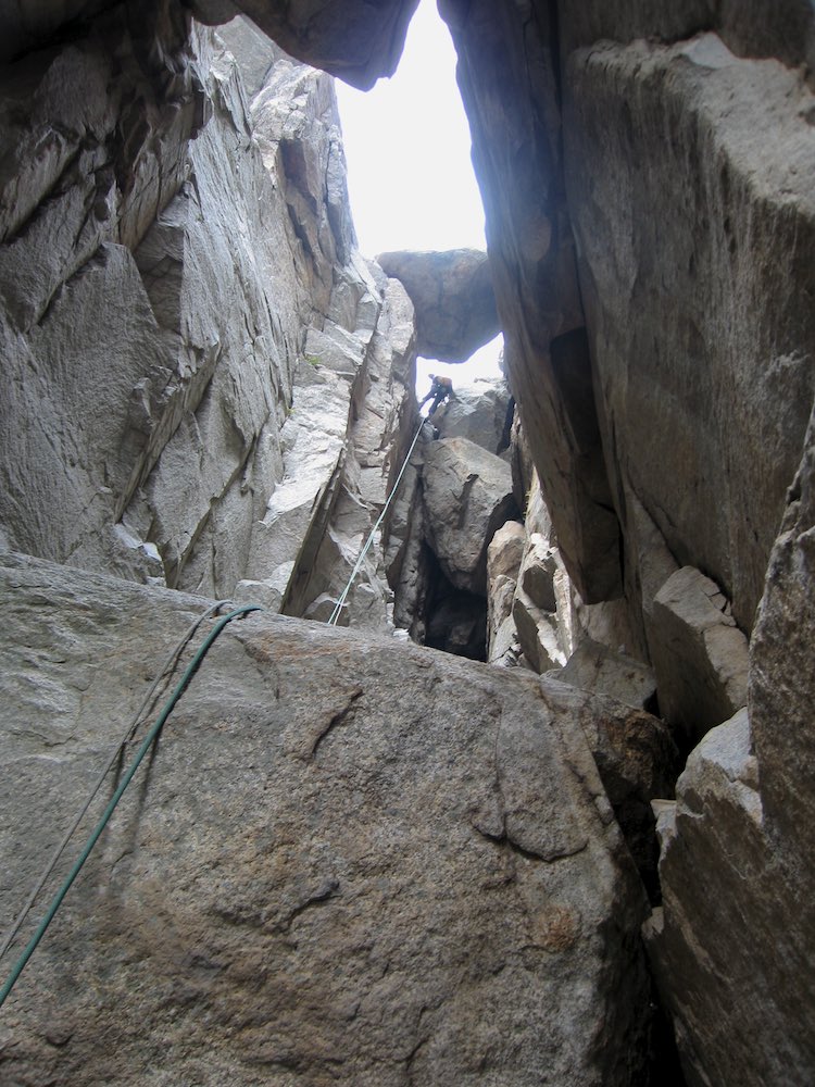 The loose, chossy abseil descent on Leaning Tower