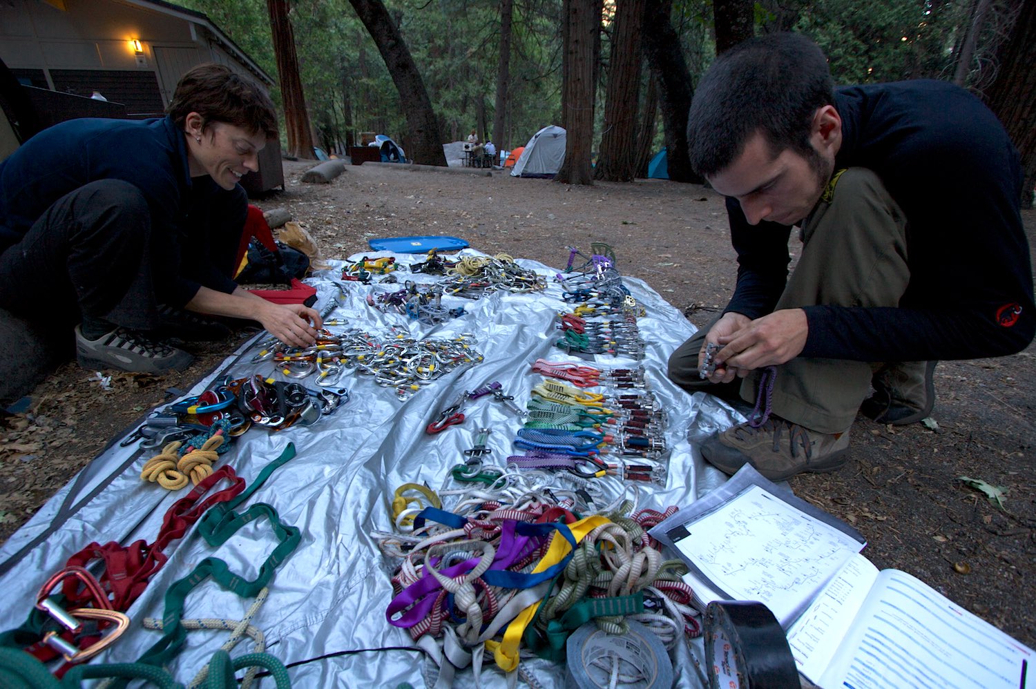 Gemma and Chris sort climbing gear before the attempt on 'Mescalito'