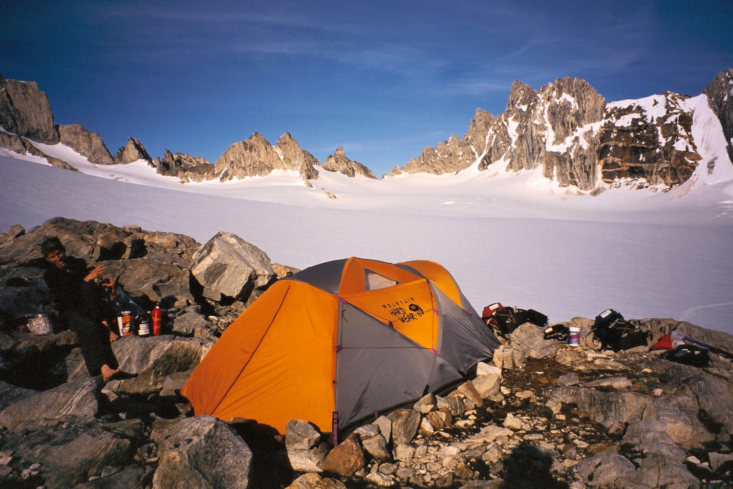  Our camp on a rocky outcrop near the head of a snow basin - the Col de Phantome is behind 