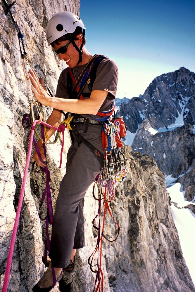 A section of aid on the Monolith, made all the more painful in climbing shoes.