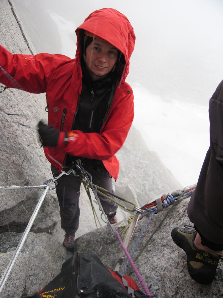  Retreating from 'McTech Arete' (5.10-) in the hail, Bugaboos 