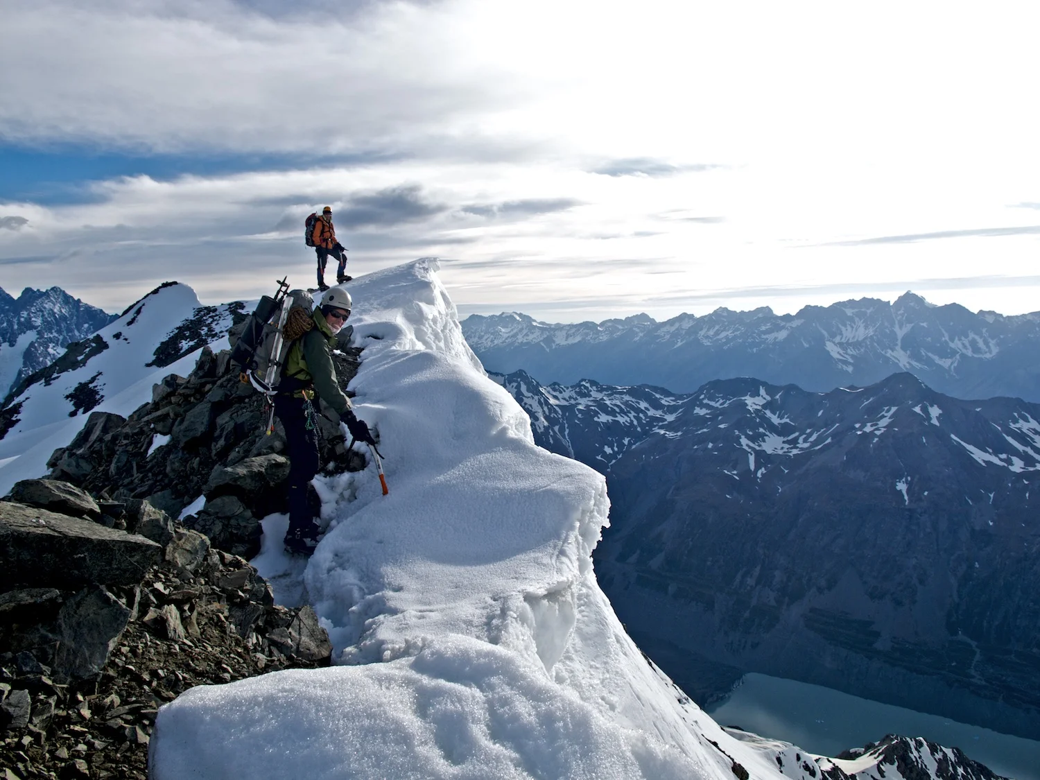 Gemma (foreground) and Vanessa during a traverse of several peaks from Sefton bivvy to Copland Pass