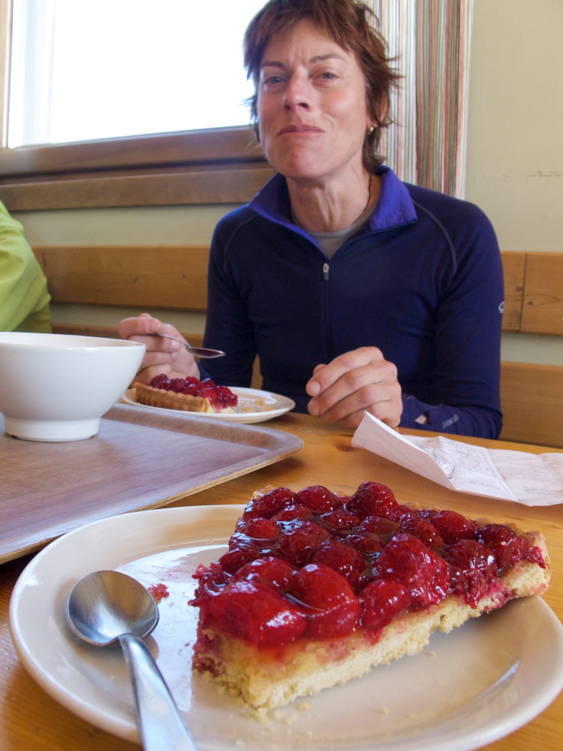  One of the good things about French mountain huts - you can buy bowls of hot chocolate and tarte aux framboises 