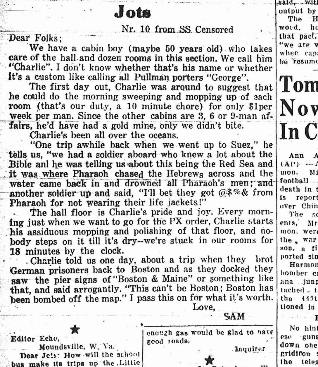 A black-and-white newspaper clipping titled "Jots," with a handwritten note at the bottom from the Editor Echo, Moundsville, W. Va., signed by Sam. The article is a humorous collection of anecdotes and stories, including one about a cabin boy named Charlie and his adventures, a mention of soldiers and biblical references, and a joke about Boston and Maine, ending with love from Sam.