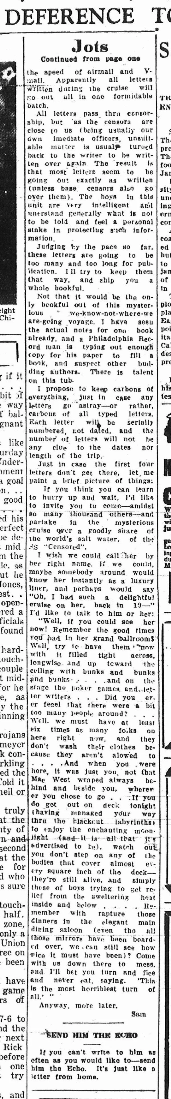 Newspaper clipping titled 'Jots' showing a column about writing letters and a humorous note about sending an echo