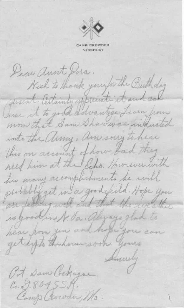 Handwritten letter on Camp Crowder Missouri stationery, addressed to Aunt Dora, thanking her for a birthday present and discussing a soldier's concerns.